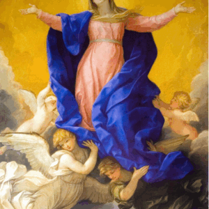 Artwork of the Assumption of Mary rising into heaven surrounded by angels