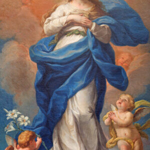 Artwork of the Immaculate Conception with Mary in blue and white robes surrounded by cherubs