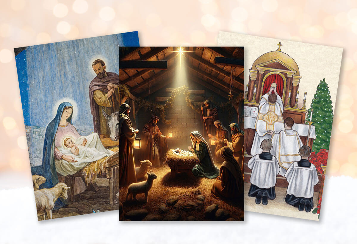 Three Legionaries of Christ Christmas Mass cards displayed on a soft golden holiday background