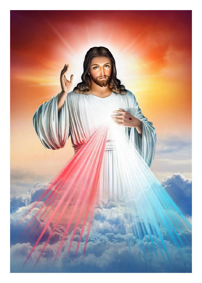 Jesus with rays of light in clouds, Divine Mercy image.
